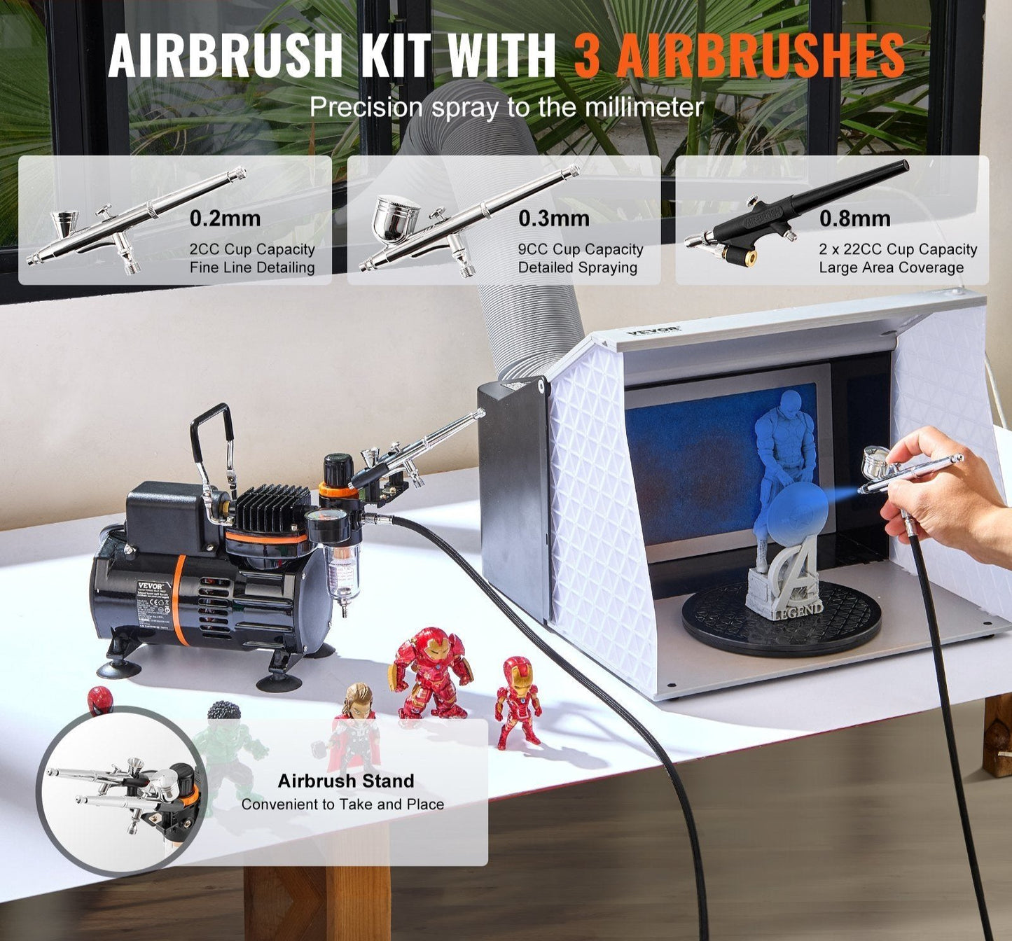 Dual Fan Air Compressor Professional Airbrushing System Kit with 3 Airbrushes