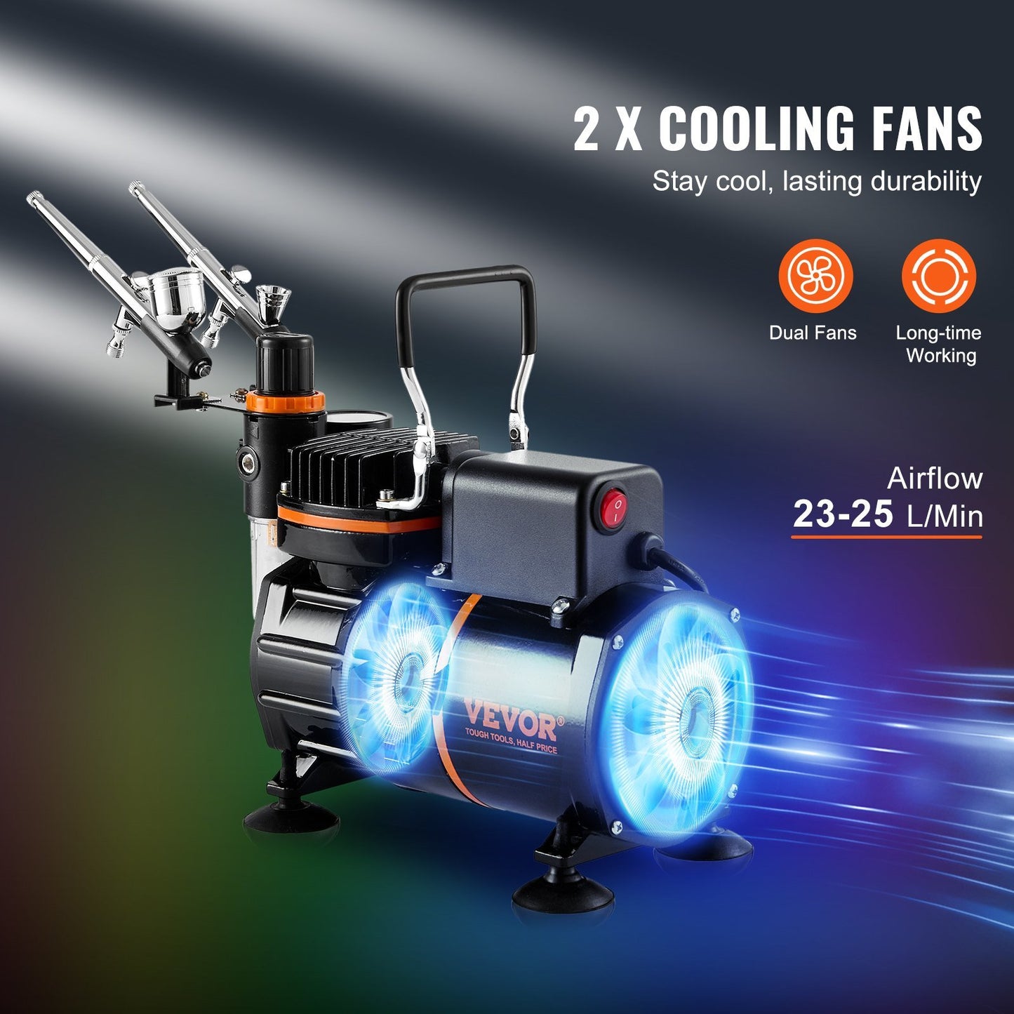 Dual Fan Air Compressor Professional Airbrushing System Kit with 3 Airbrushes